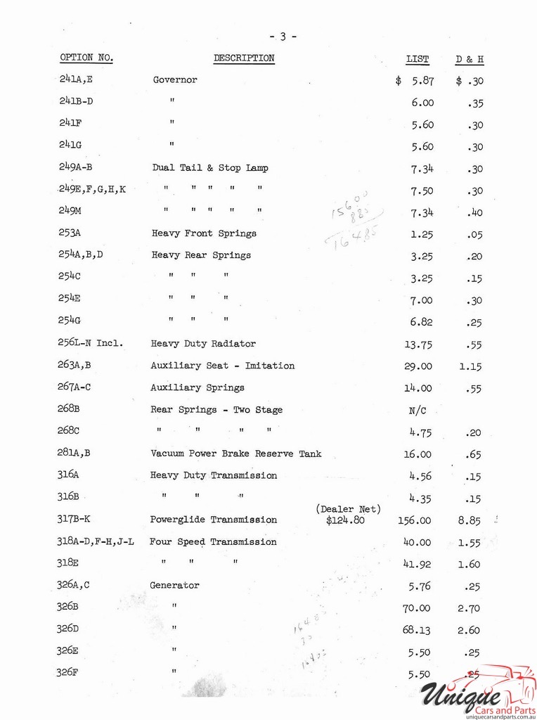 1951 Chevrolet Production Options List Page 2